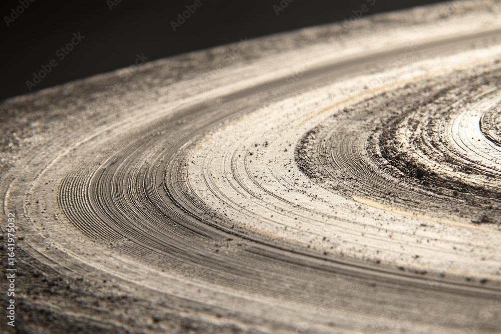 Poster close-up of concentric circular patterns on a dusty, worn surface, possibly metallic.