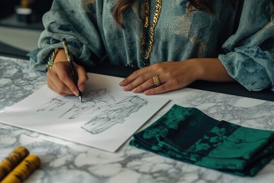 A fashion designer sketches a garment design on paper, surrounded by fabric swatches and jewelry.