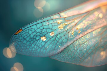 Close-up of a dragonfly's wing, showcasing intricate veins and gold accents against a teal backdrop.