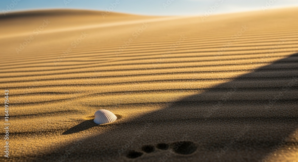 Poster Shell in Sandy Dune Landscape with Wave Patterns and Footprint Imprint Under Clear Blue Sky