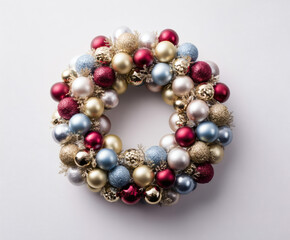 A beautiful, colorful Christmas wreath composed of various ornaments on a white backdrop.