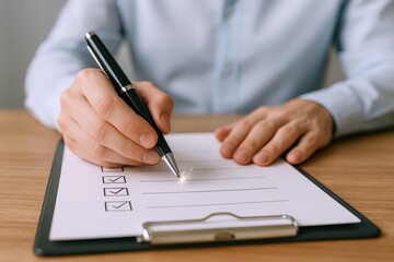 Close-up of Business Person Completing Checklist on Clipboard with Pen, Illustrating Project Management and Task Completion