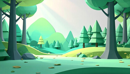 Cartoonish green forest landscape with cone shaped trees