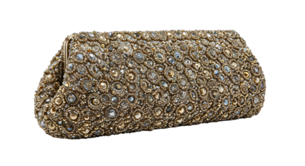 Gold beaded clutch shimmers on black. Glam texture ideal for product staging, branding mockups, or social media design.