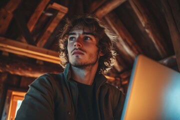 Young man with curly hair sits in an attic, thoughtfully looking away from his laptop.