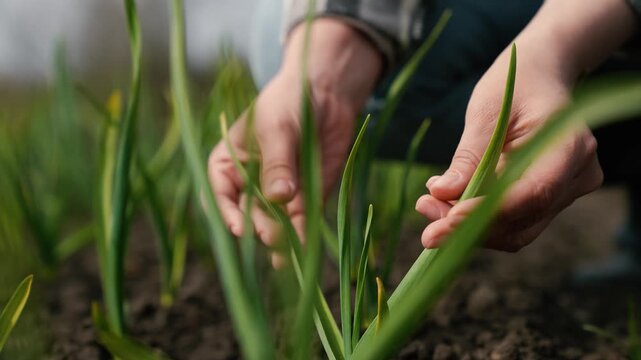 woman touch hand fresh leaves sprouts field, agriculture, work earth soil, female hand business farmer touch green young leaves, gardening hobby, checking harvest touching fingers hand, work earth