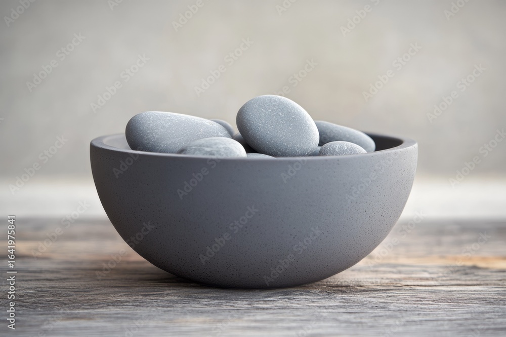 Poster smooth gray stones rest in a simple gray bowl, creating a serene and minimalist scene.