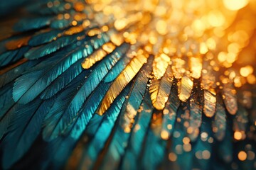 Close-up of iridescent teal and gold feathers, glistening with light.