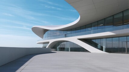 Modern Curved Architecture with Large Glass Facades Under Blue Sky