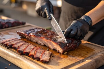 Chef cutting grilled barbecue ribs on a wooden cutting board with a knife
