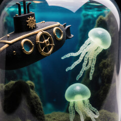 Generative AI Steampunk Submarine and Jellyfish in Bottle Underwater Sea Ocean Fantasy Sci-fi Glass Toy Miniature Aquatic Marine Artificial Model Imagination Adventure - Modern Look