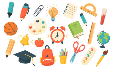 Set of school supplies and education stickers icons. Back to school. Backpack, book, globe, paints, ruler, pen, pencil, calculator, brushes, glue. Perfect for prints, cards, paper crafts, scrapbooking