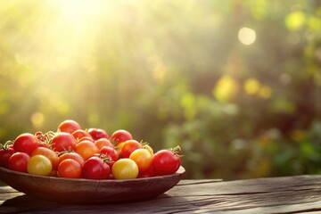 A wooden bowl filled with ripe red and yellow cherry tomatoes sits on a rustic wooden table outdoors in bright sunlight.