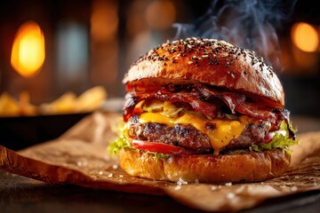 A mouthwatering close-up of a delicious cheeseburger with crispy bacon, melted cheese, and fresh toppings, served on a sesame seed bun, creating a visually appetizing scene.
