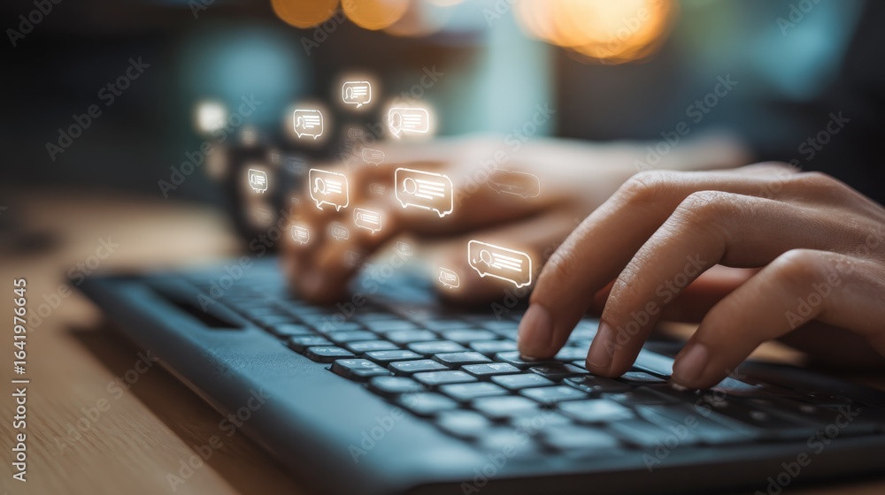 Poster Hands Typing on Keyboard with Chat Bubbles Illustrating Online Communication and Digital Interaction