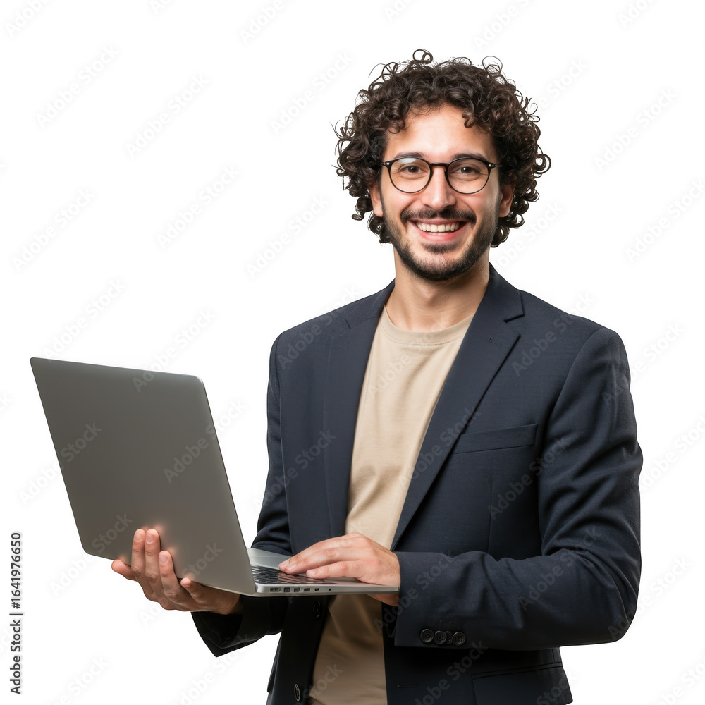 Poster smiling man with curly hair and glasses wearing a suit jacket holds a laptop computer while looking 