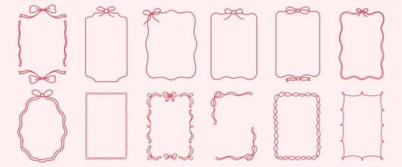 Doodle hand drawn frames with wavy lines, bows and ribbons. Minimalist simple line art. Trendy vintage whimsical borders for wedding invitations, birthday card, prints. Vector modern illustration.