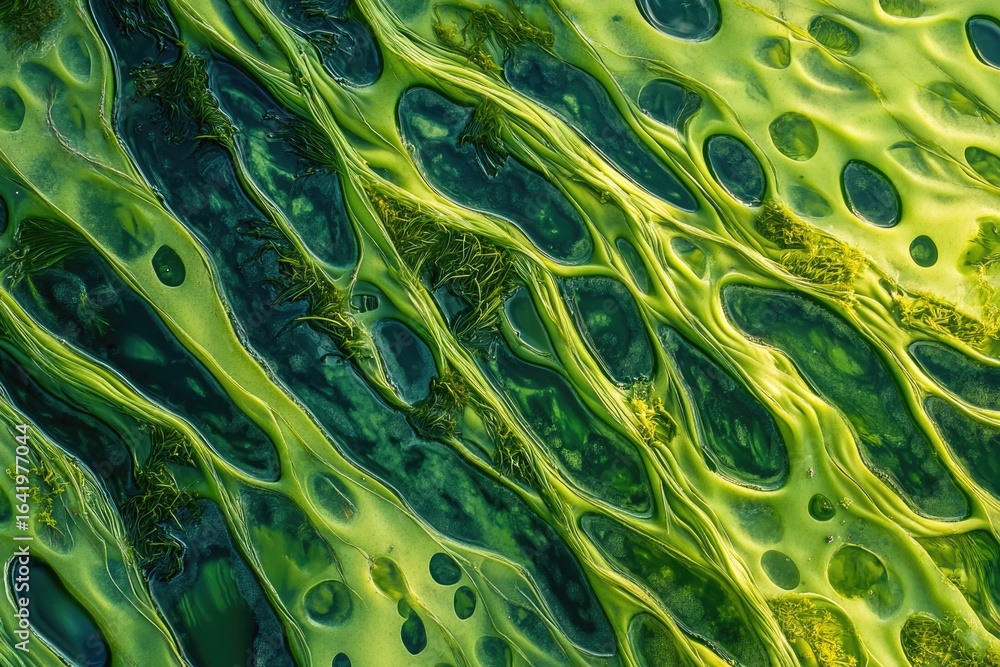 Poster abstract aerial view of vibrant green algae forming swirling patterns and pools in a tidal zone.
