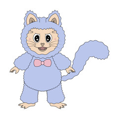 Kitten male with blue fur and stylish pink bow tie. Color vector illustration. Isolated white background. Cartoon style. Cat with sparkle in eyes with fangs, whiskers and tail. Idea for web design.