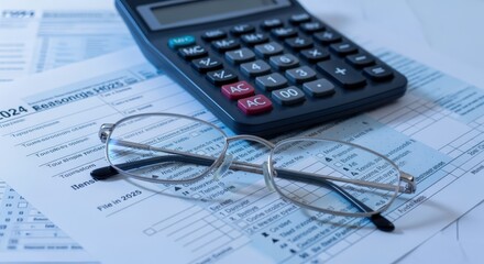 Tax Preparation with Calculator and Glasses on Form - Financial Planning and Compliance