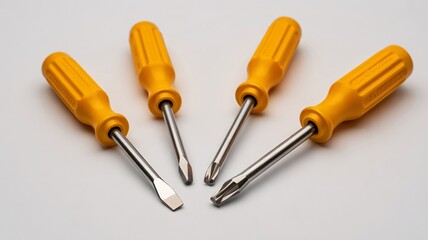 Group of yellow screwdrivers on white background for repair and maintenance tools concept.