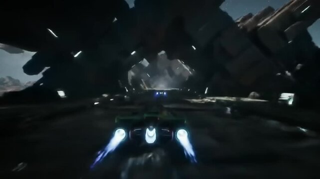 Futuristic race vehicle speeds through a desolate alien landscape