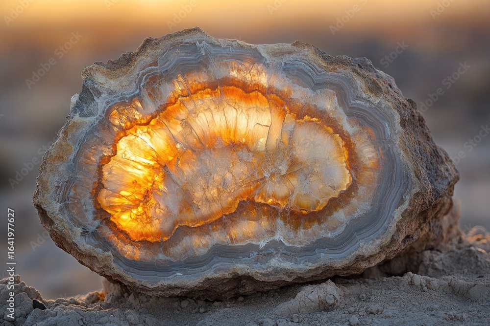 Poster a backlit agate geode reveals its captivating internal structure, showcasing mesmerizing bands of co