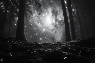 A mesmerizing monochrome forest scene, where towering trees frame a breathtaking starry night sky.