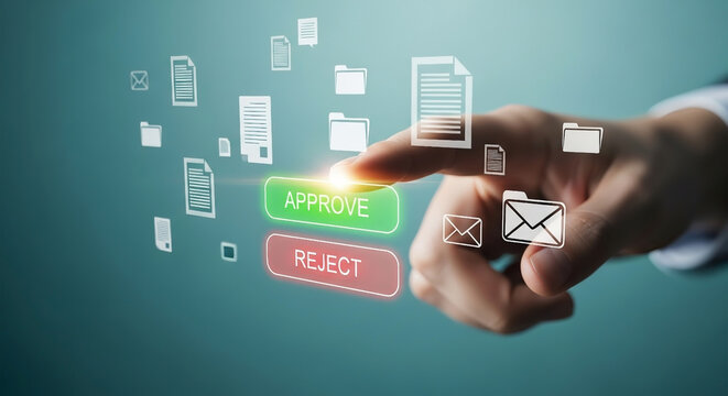 Finger pressing green approve button with digital documents and email icons reject