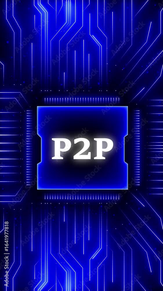 Poster businessman presses button with text p2p peer-to-peer icon on virtual digital electronic user interf