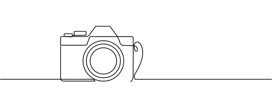 Line drawing photo camera. Single draw photo icon, line art photography camera outline, continuous monoline drawing Editable stroke