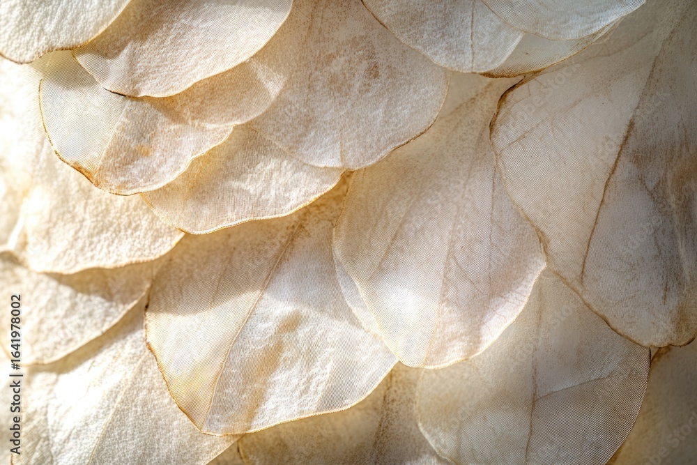 Poster close-up of overlapping, translucent, beige-colored, petal-like structures creating a textured patte