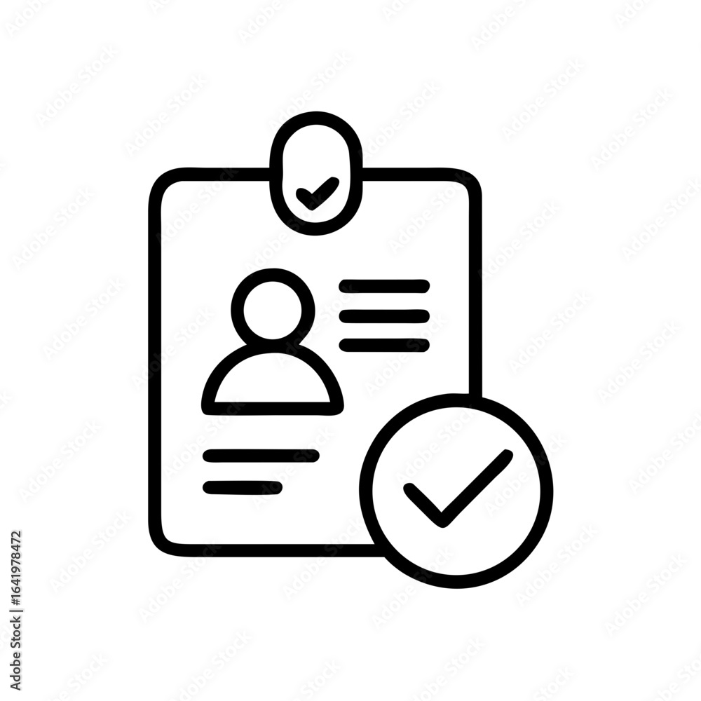 Aufkleber black outline of an id card with a person icon and check marks indicating verification and approval