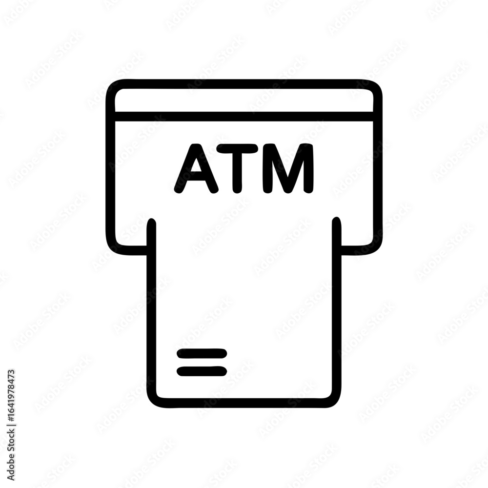 Poster illustration of an atm machine with a card slot and atm text in a simple black outline design