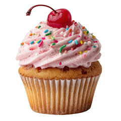 Delicious vanilla cupcake with pink frosting and cherry isolated on transparent background