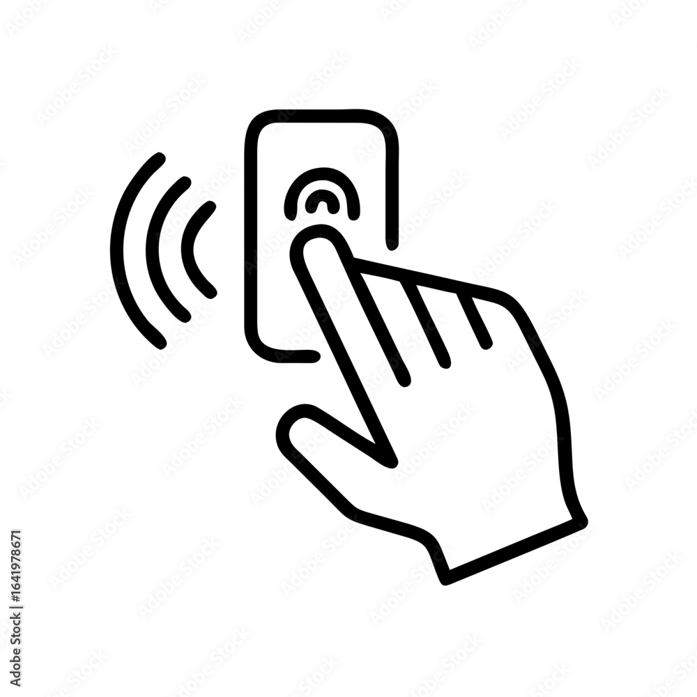 Aufkleber illustration of a hand pressing a button with signal waves emanating from the device in black outlin