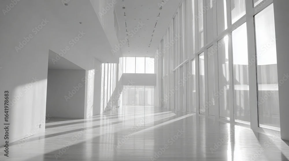 Poster bright empty hallway with large windows and reflected sunlight in a modern architectural building
