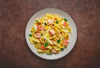 tagliatelle pasta, in cream sauce with salmon, homemade, no people,