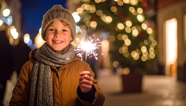 Smiling boy with sparkler at night market - Powered by Adobe