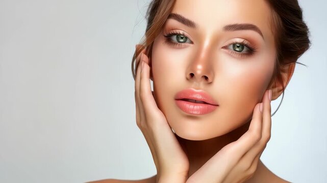 A close-up studio shot portrays beautiful woman with perfect skin, enhanced by skillful makeup. Her green eyes, soft peach lips stand out, while her hands gently frame her face against neutral