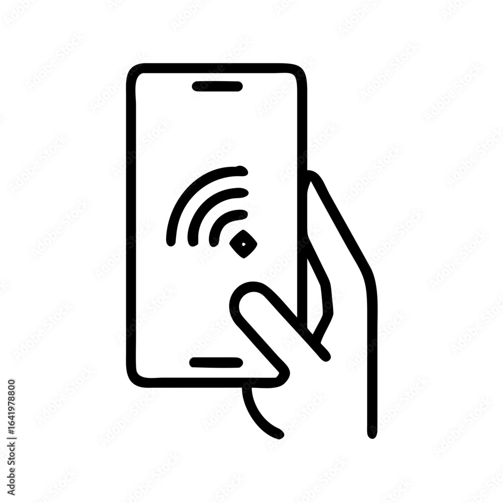 Poster hand holding smartphone with wifi signal displayed on screen in a simple black and white line drawin