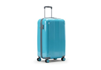 Modern turquoise hard-shell suitcase with telescopic handle and four wheels, perfect for travel and business trips on white background.