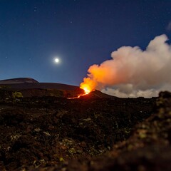 Naklejka premium Volcano erupting at night under a moonlit sky