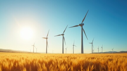 Bright wind turbines over golden field under blue sky for clean energy sustainability environment and green technology marketing