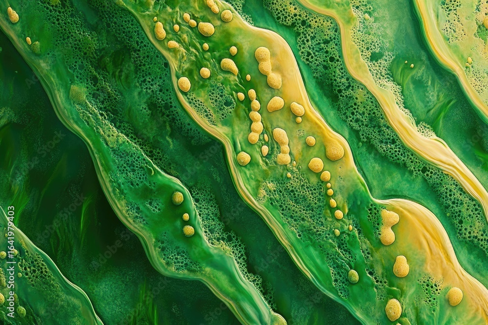Poster abstract green and yellow fluid art with swirling patterns and bubbles creating a mesmerizing textur