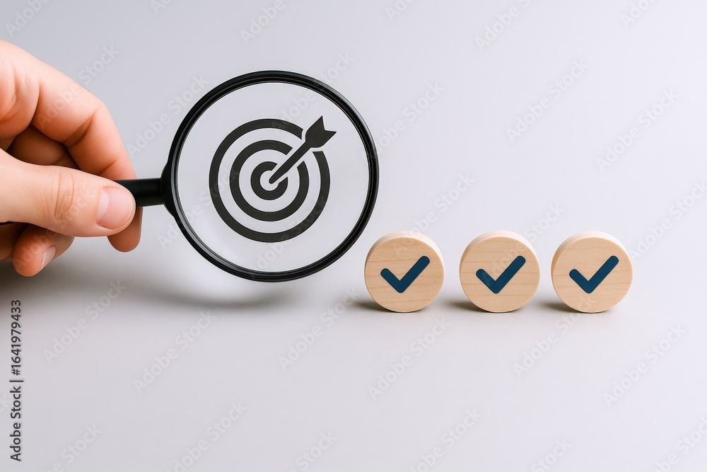 Poster achieving goals: magnifying precision with checkmarks for success, strategy, and accuracy in busines