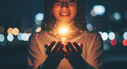 Young woman holding glowing light bulb with sparkling particles at night idea innovation