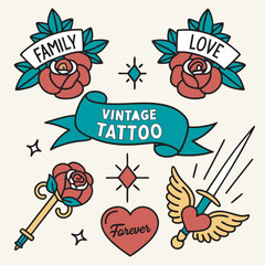 The image you’ve uploaded is a vibrant collection of vintage tattoo flash designs, featuring traditional American tattoo motifs such as roses, hearts, daggers, wings, keys, and banners with words like
