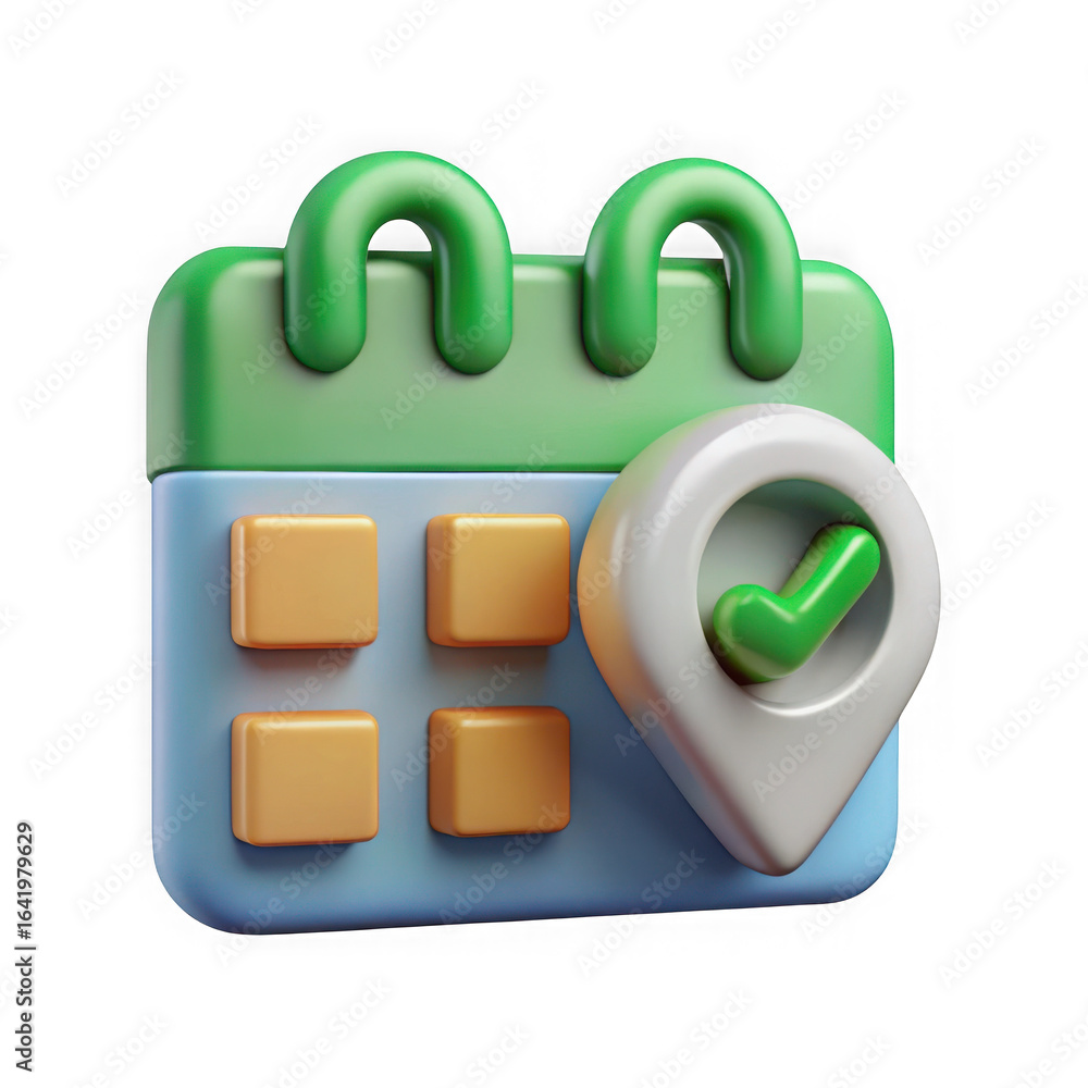 Poster 3d icon of a calendar with a location pin and check mark on a black background date schedule isolate