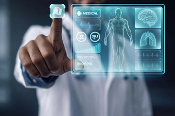Doctor interacting with a futuristic medical interface powered by artificial intelligence, displaying patient's data like body scan, brain, lungs, and vital signs
